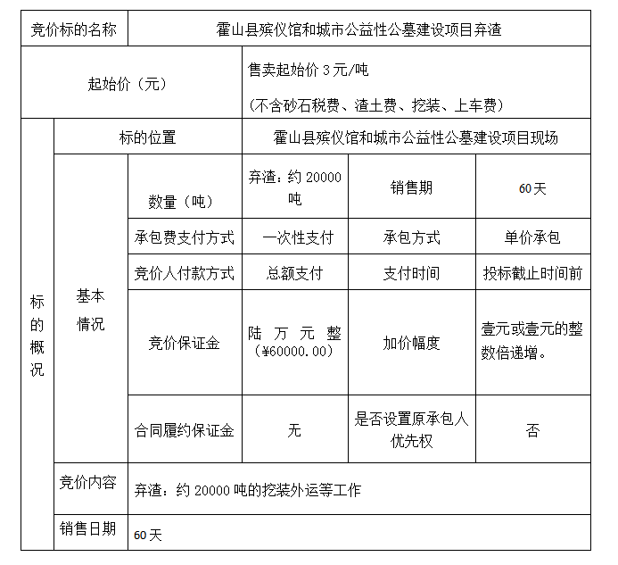 DBSXS-2020-017 霍山县殡仪馆和城市公益性公墓建设项目弃渣处置销售竞价公告