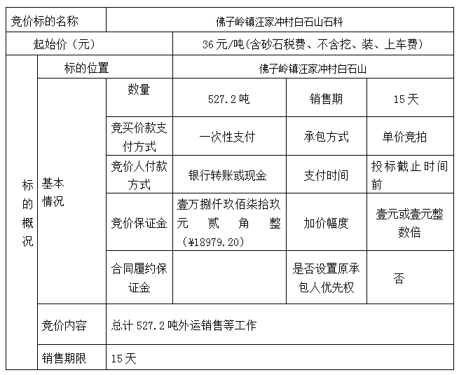 DBSXS-2021-016 佛子嶺鎮(zhèn)汪家沖村白石山石料競價(jià)銷售（二次）競價(jià)公告