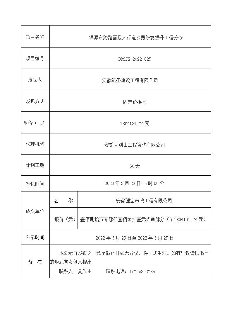 DBSZS-2022-025 淠源东路路面及人行道水毁修复提升工程劳务成交公示