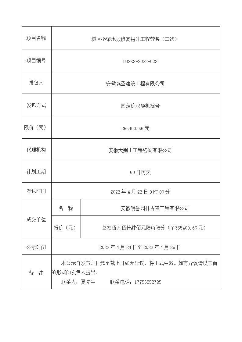 DBSZS-2022-028城区桥梁水毁修复提升工程劳务（二次）成交公示