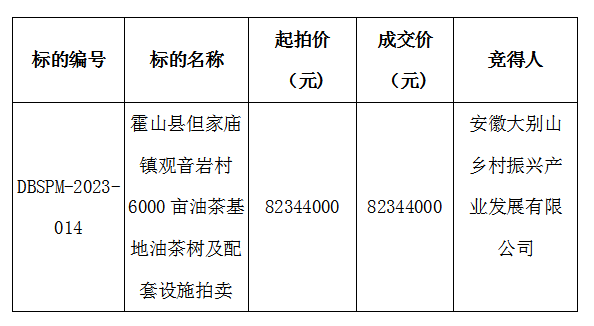 DBSPM-2023-014 霍山县但家庙镇观音岩村6000亩油茶基地油茶树及配套设施拍卖成交公示